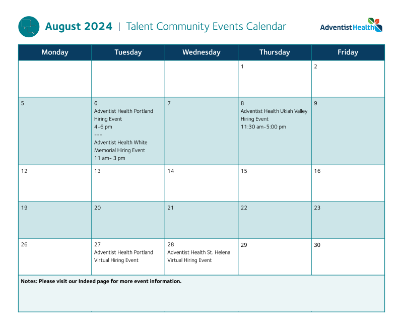 August Talent Community Event Calendar